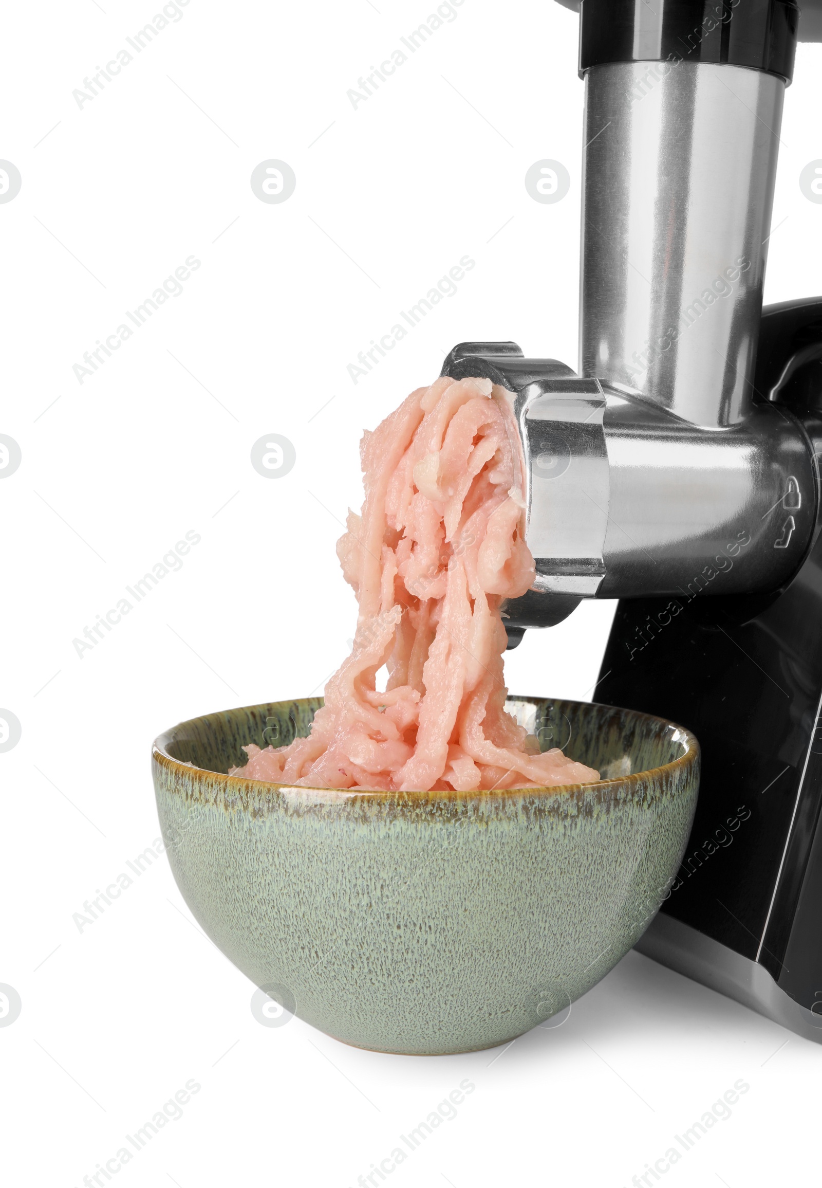 Photo of Electric meat grinder with chicken mince and bowl isolated on white