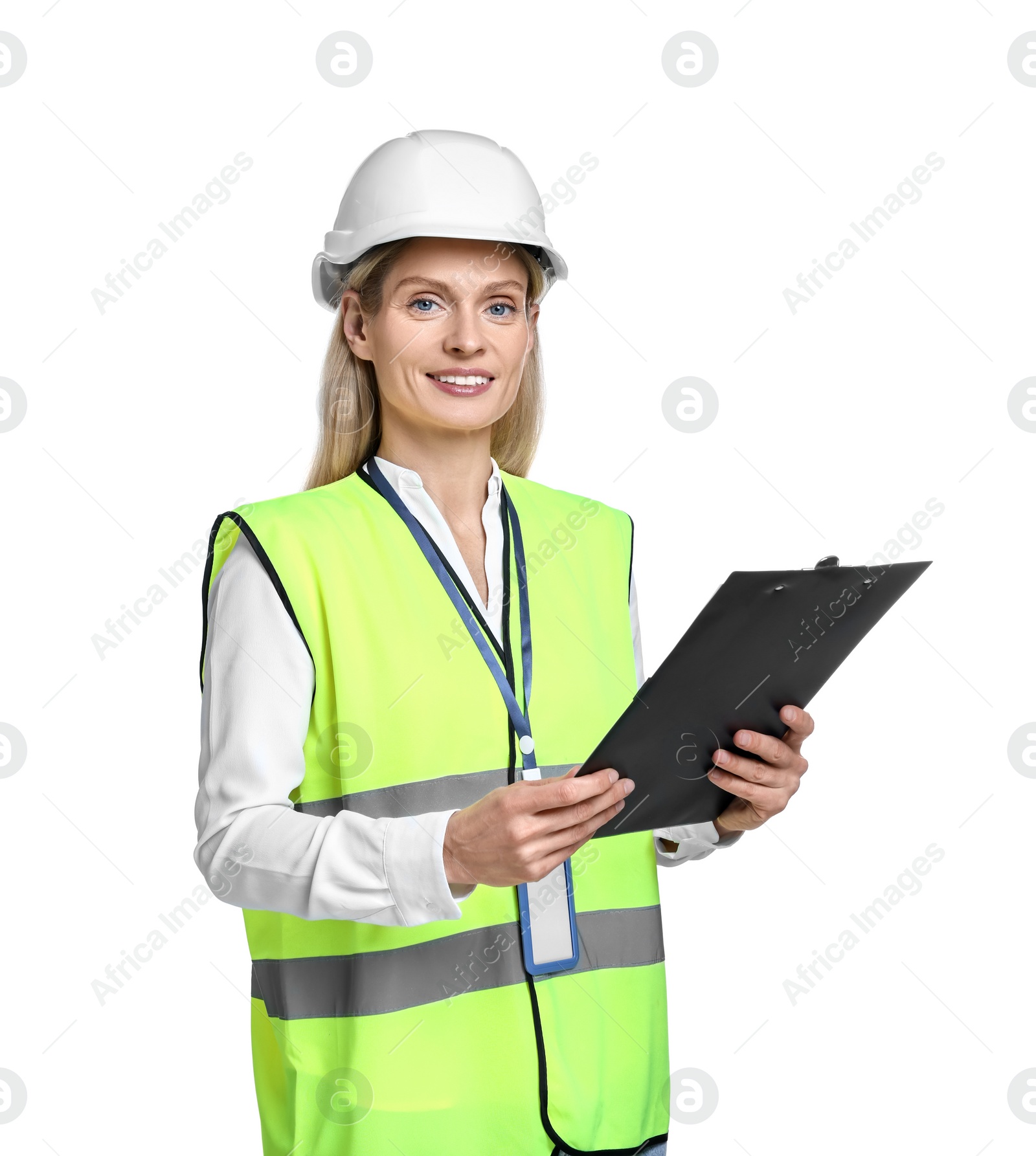 Photo of Engineer in hard hat holding clipboard on white background