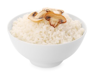 Photo of Delicious rice with mushrooms in bowl isolated on white