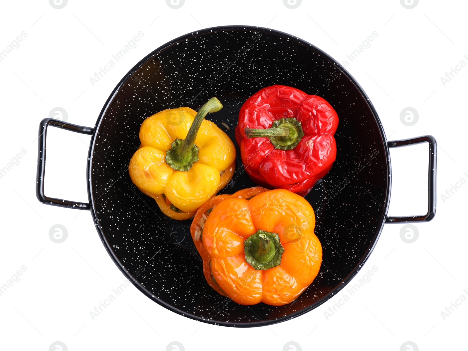 Photo of Tasty stuffed bell peppers in baking dish isolated on white, top view