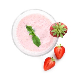Photo of Tasty strawberry milk shake and fresh berries isolated on white, top view