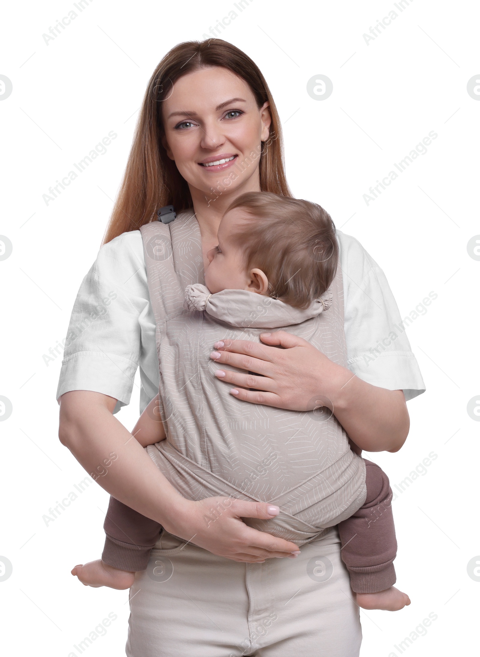 Photo of Mother holding her child in sling (baby carrier) on white background