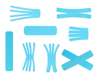 Image of Set with blue  kinesio tapes on white background