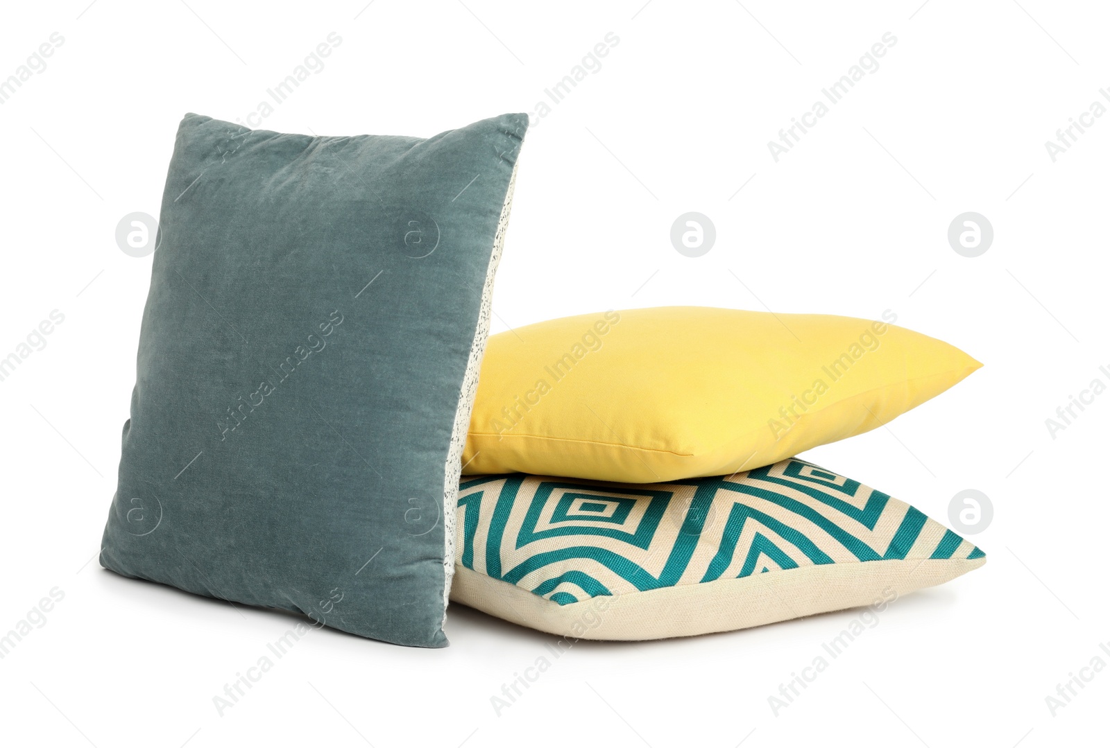 Photo of Different colorful decorative pillows on white background