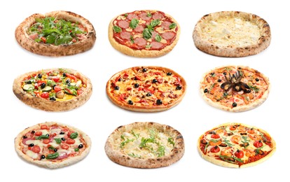 Set with different delicious pizzas on white background