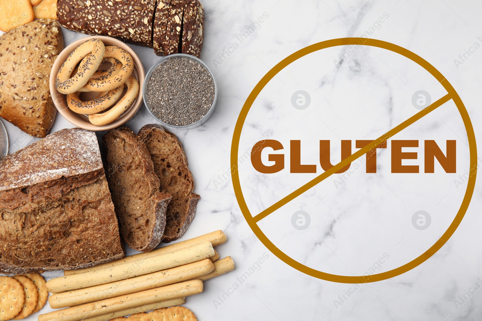 Image of Different gluten free products on white marble table, flat lay