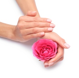 Photo of Woman holding rose on white background, closeup. Spa treatment