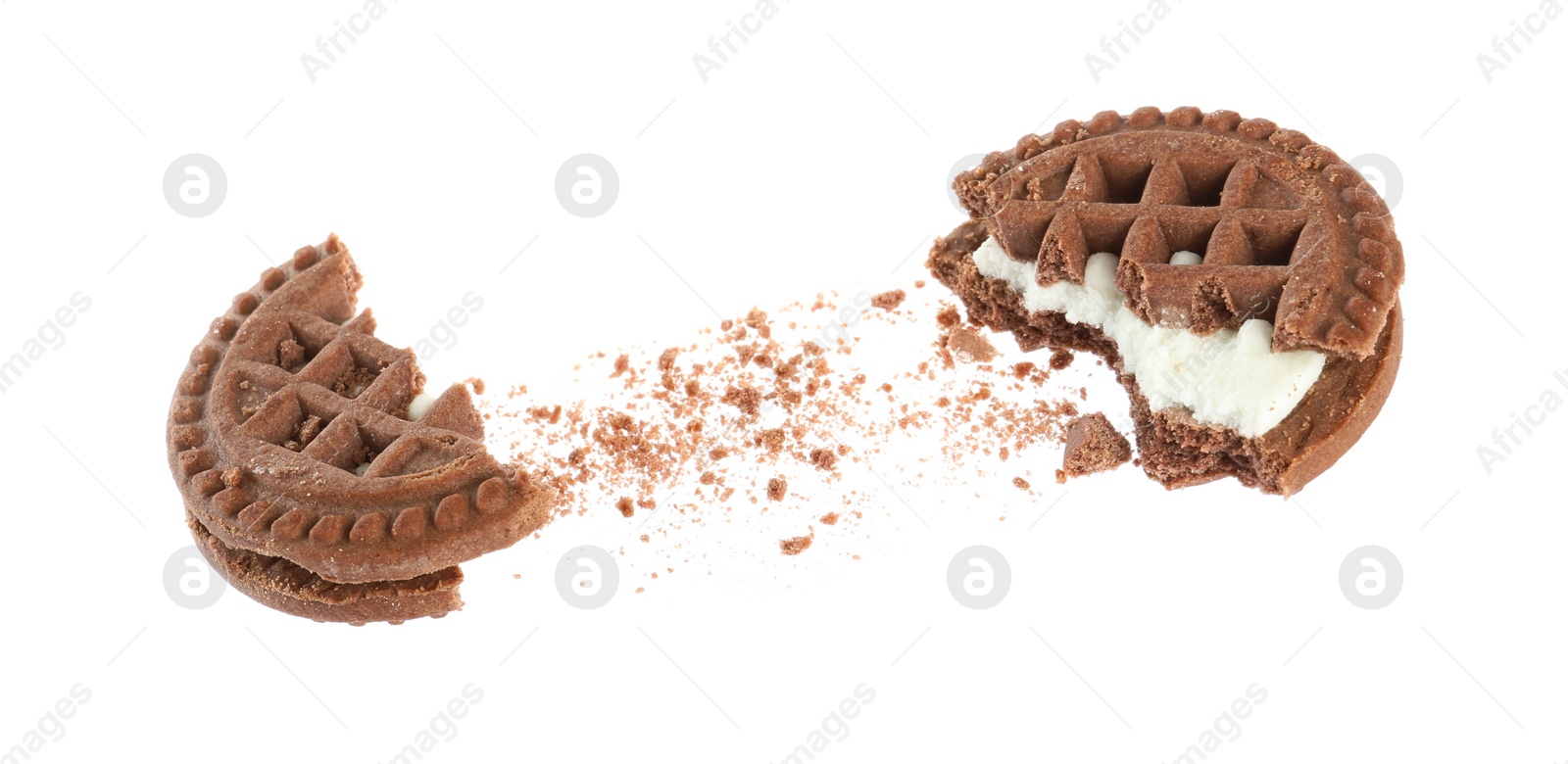 Photo of Broken tasty chocolate sandwich cookie with cream on white background