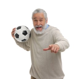 Photo of Emotional senior sports fan with soccer ball isolated on white