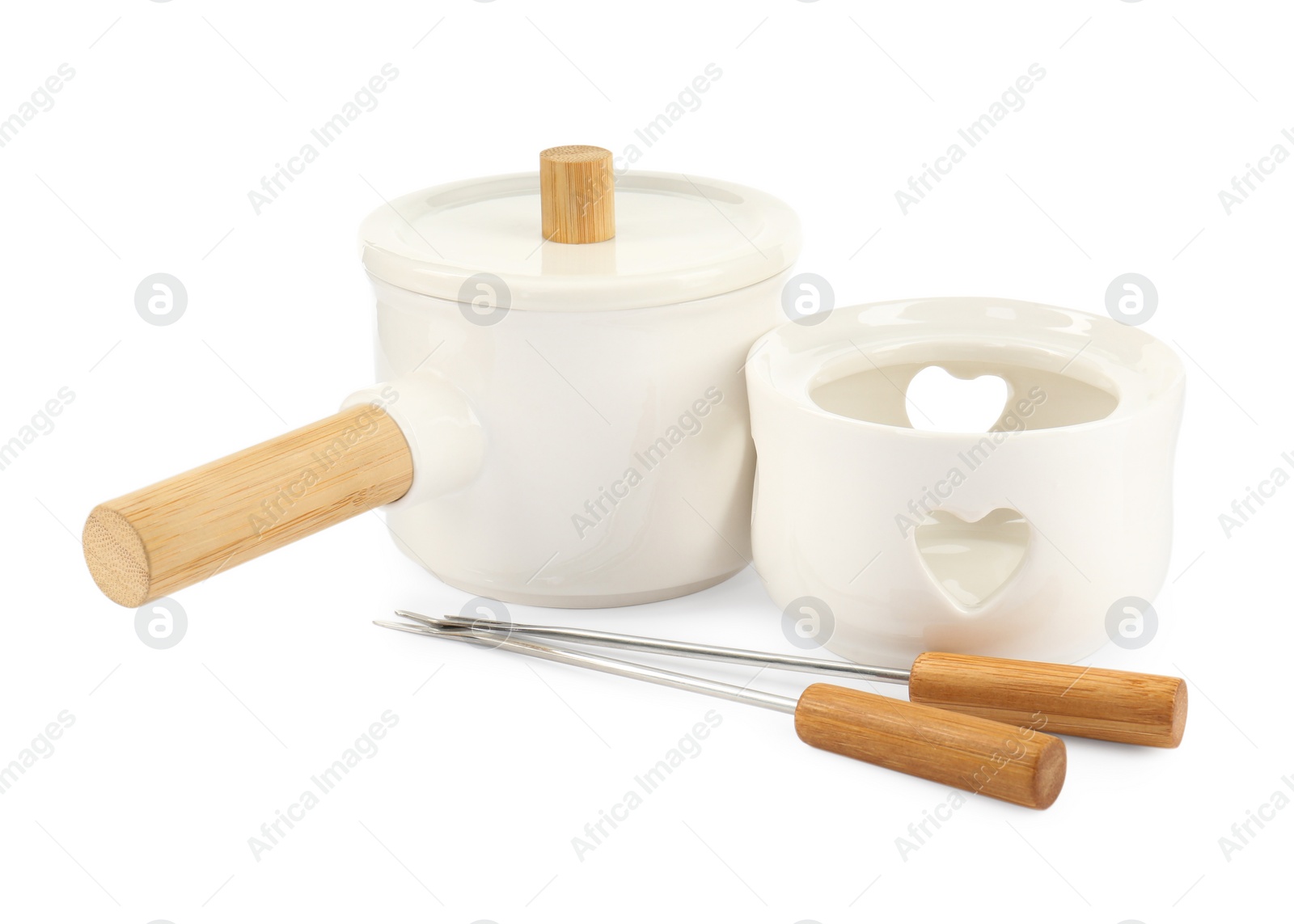 Photo of Fondue set isolated on white. Kitchen equipment