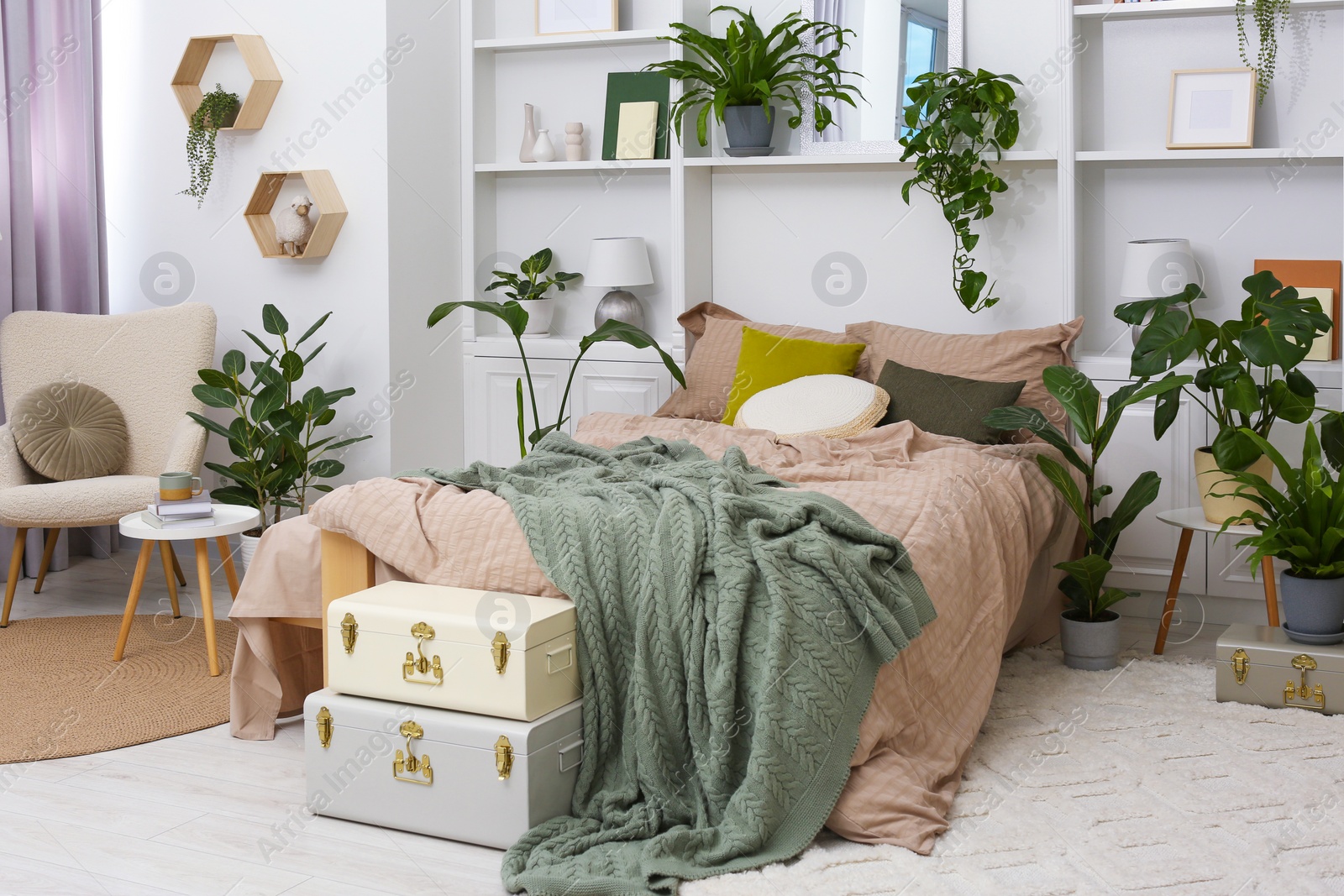 Photo of Stylish bedroom with comfortable bed and different houseplants. Interior design