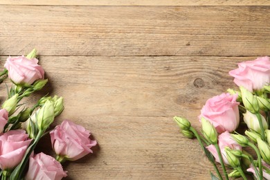 Photo of Happy Mother's Day. Beautiful flowers on wooden table, flat lay. Space for text