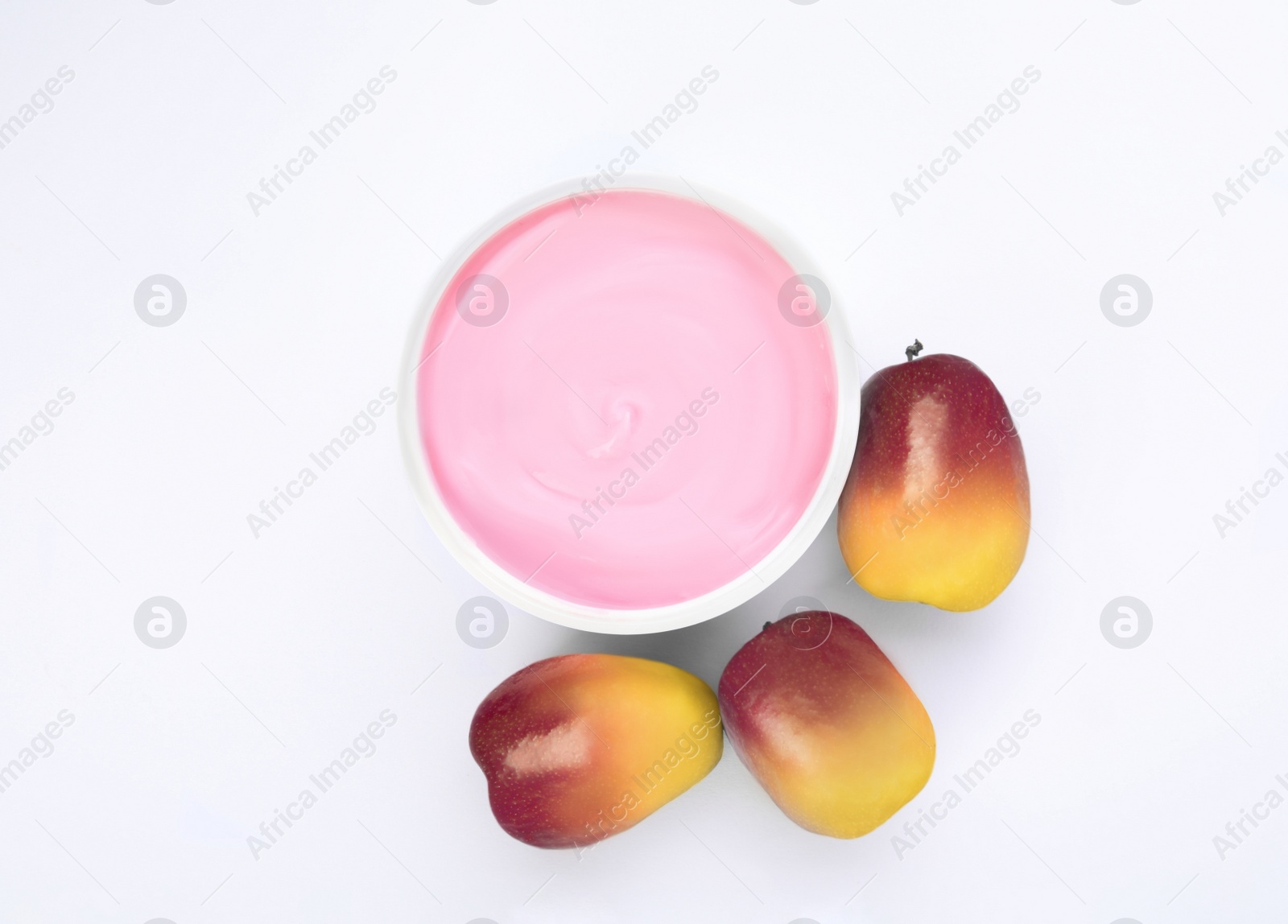 Image of Fresh ripe palm oil fruits and cosmetic product on white background, top view