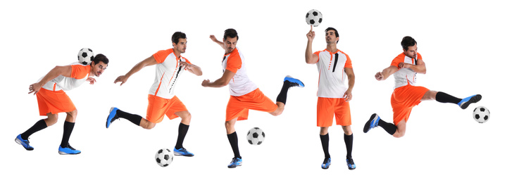 Image of Collage with photos of young man playing football on white background. Banner design