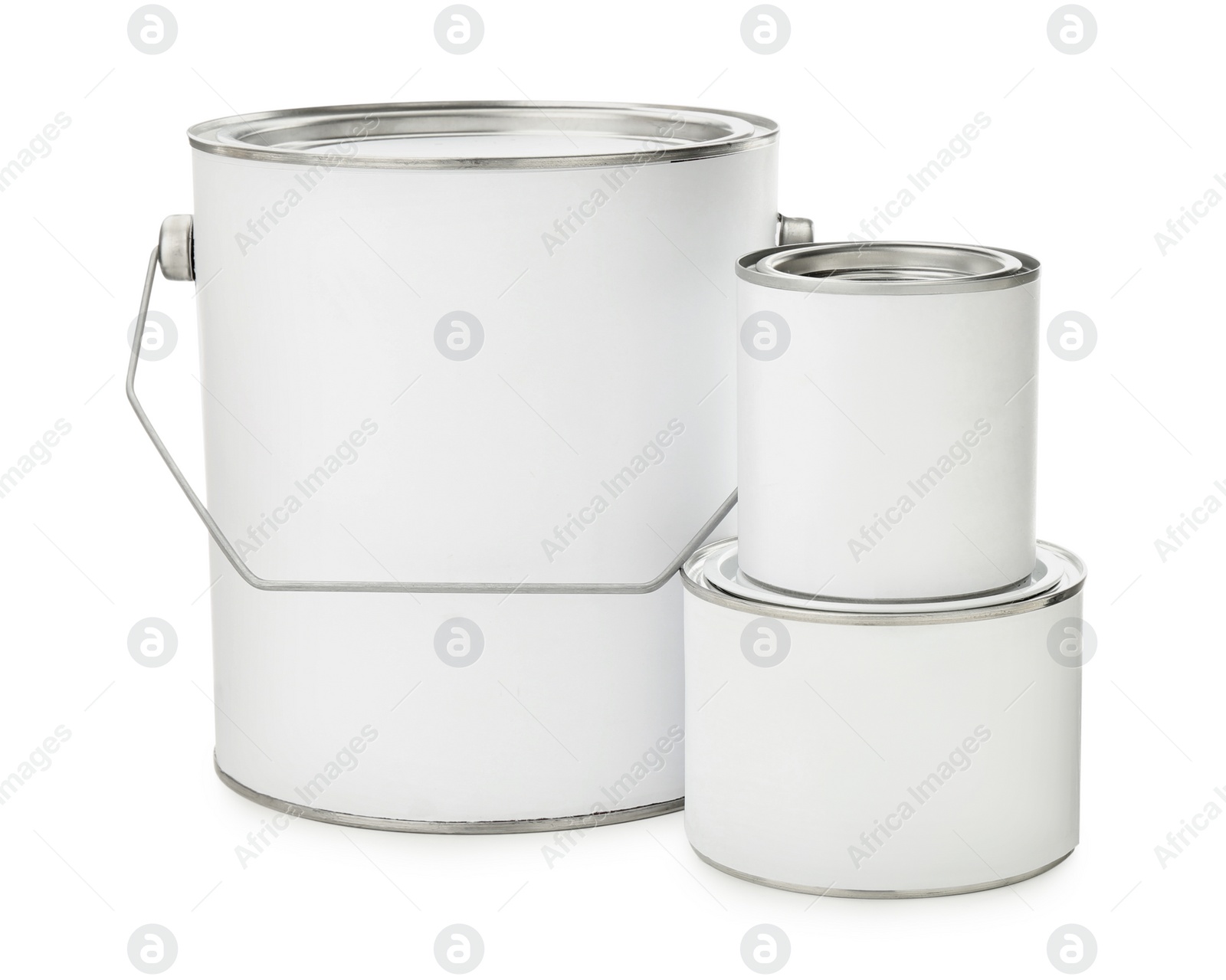 Photo of Set of different paint cans on white background. Mockup for design