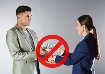 Image of Stop corruption. Illustration of red prohibition sign and woman giving bribe to man on grey background
