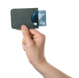 Photo of Man holding leather card holder with credit cards on white background, closeup