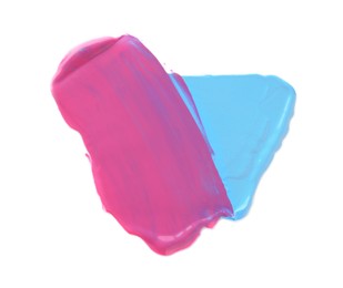 Photo of Light blue and pink paint samples on white background, top view