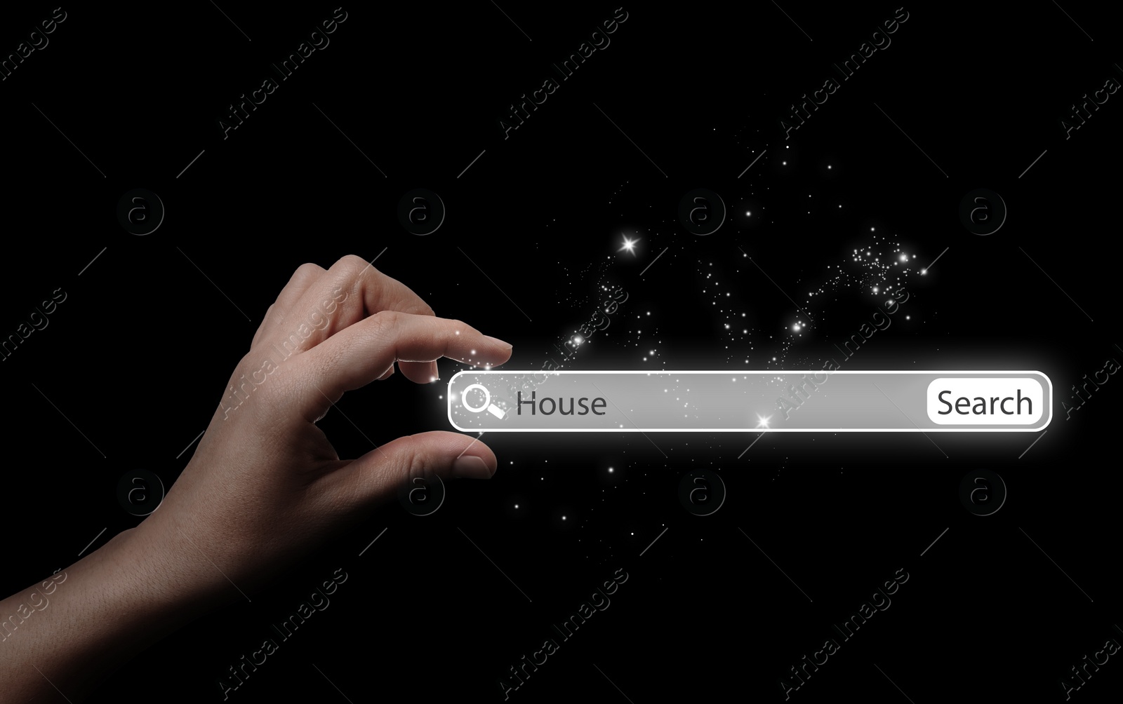 Image of House hunting. Woman holding virtual search bar on black background, closeup