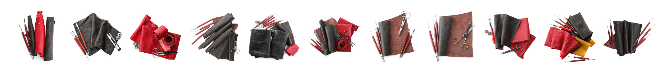Set with leather samples and craftsman tools on white background, top view. Banner design
