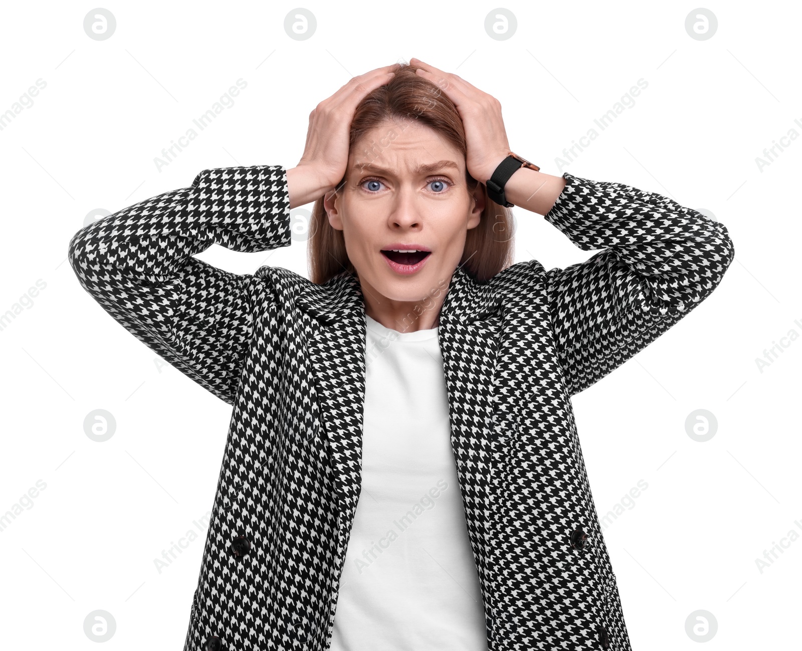 Photo of Beautiful surprised businesswoman in suit on white background