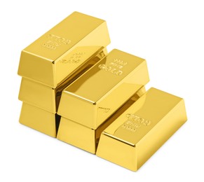 Photo of Stack of shiny gold bars isolated on white