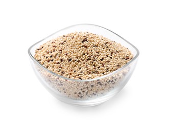 Photo of Raw quinoa seeds in bowl isolated on white