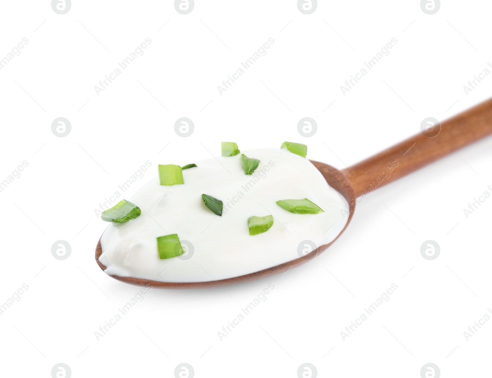Photo of Fresh sour cream with onion isolated on white