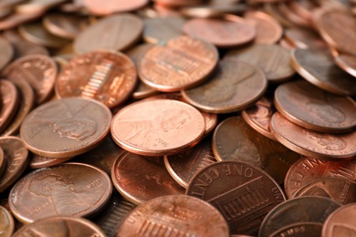 Photo of Pile of US coins as background, closeup