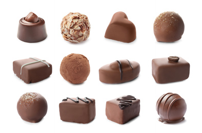 Image of Set with different chocolate candies on white background