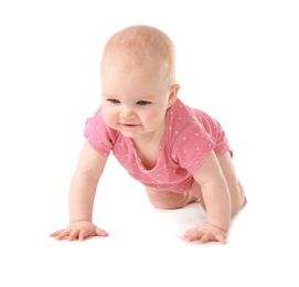 Cute little baby crawling on white background