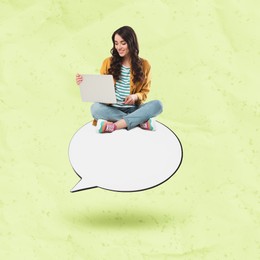 Dialogue. Woman with laptop sitting on speech bubble on color background