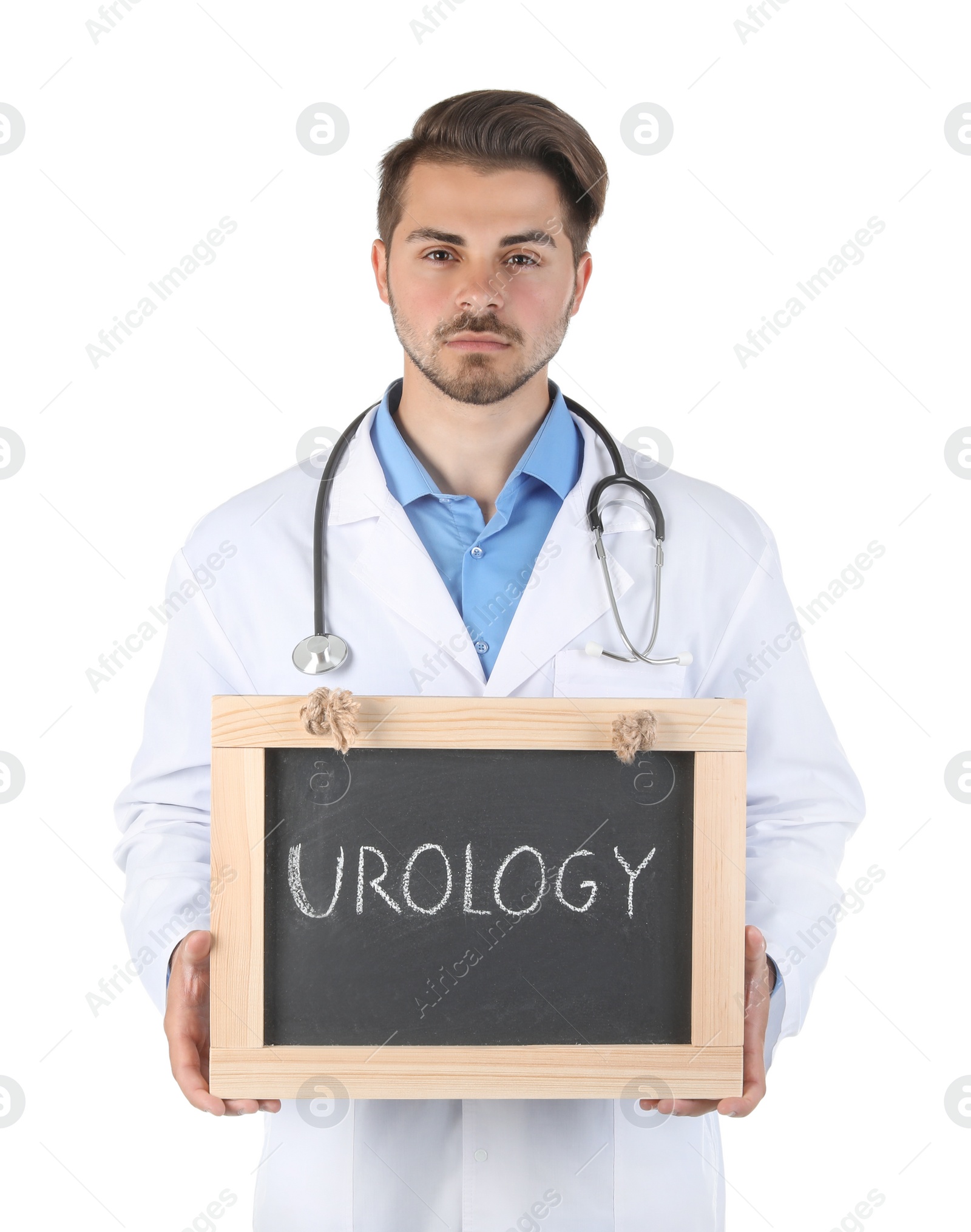 Photo of Male doctor holding chalkboard with word UROLOGY on white background