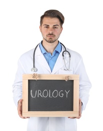 Photo of Male doctor holding chalkboard with word UROLOGY on white background