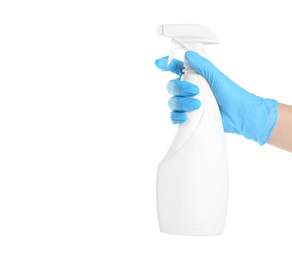 Photo of Woman in blue latex gloves with spray detergent on white background, closeup of hand