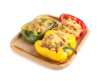 Photo of Tasty stuffed bell peppers isolated on white