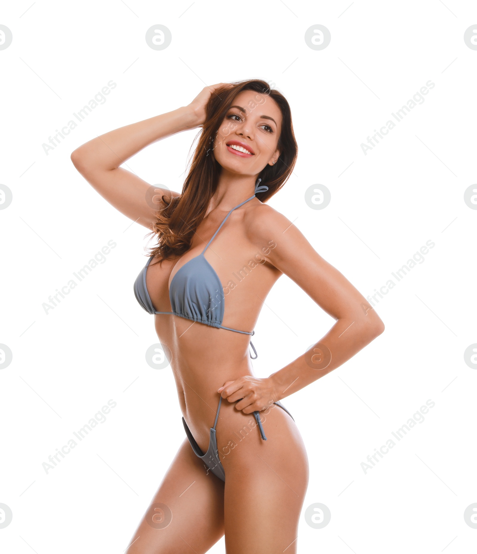 Photo of Beautiful woman in stylish bikini on white background