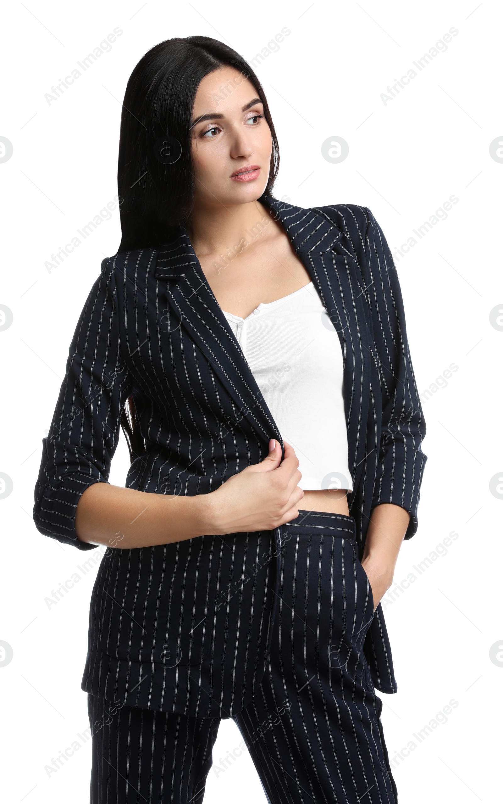 Photo of Beautiful woman in formal suit on white background. Business attire