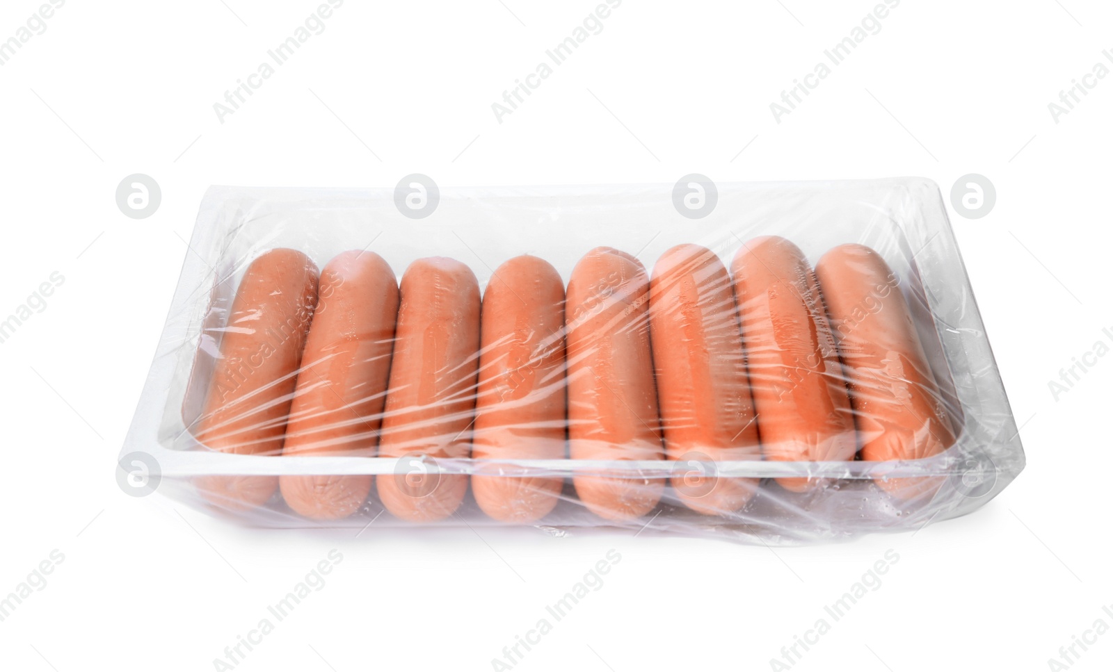 Photo of Tasty sausages on white background. Meat product