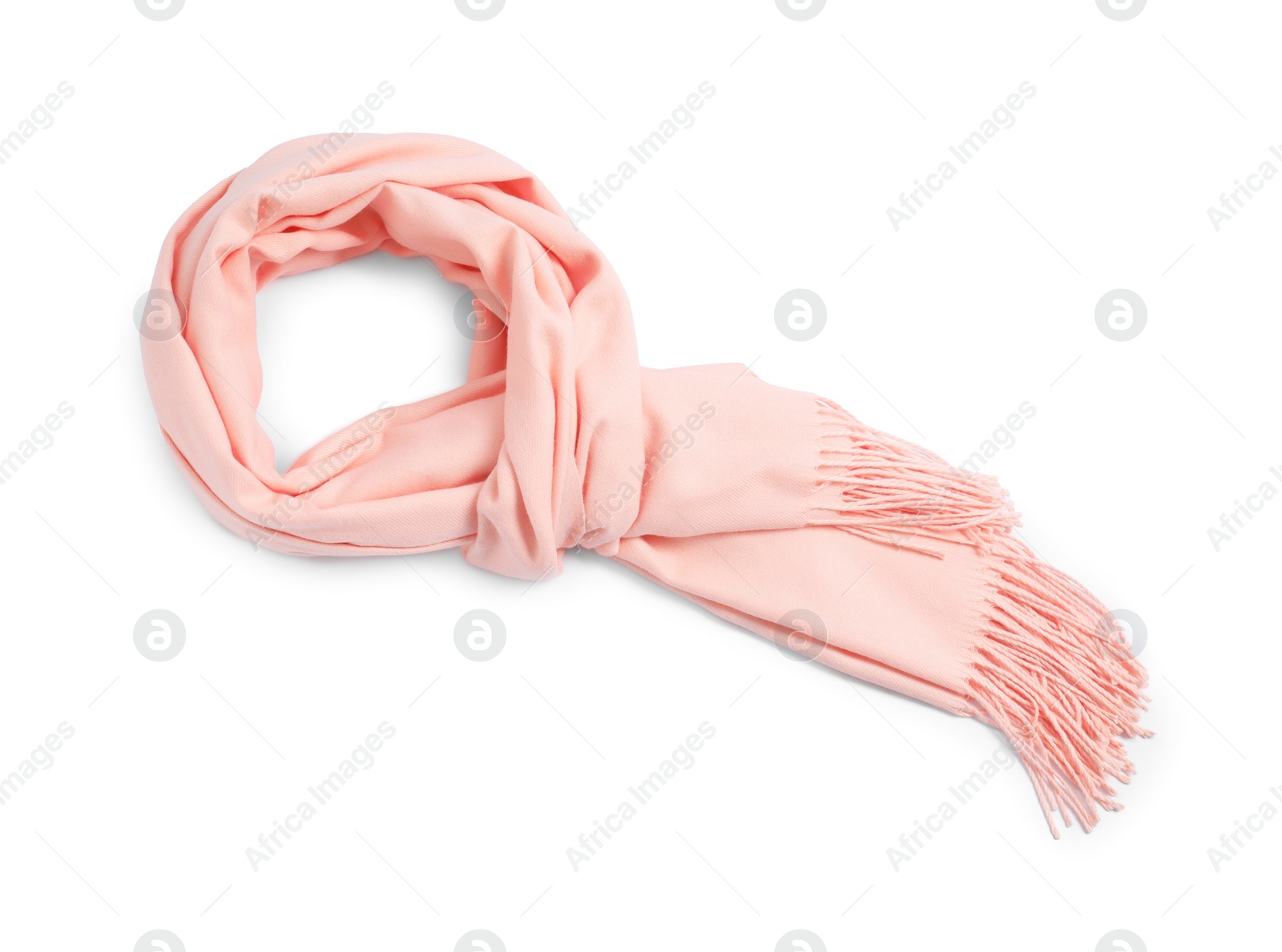 Photo of One beautiful cashmere scarf on white background, top view