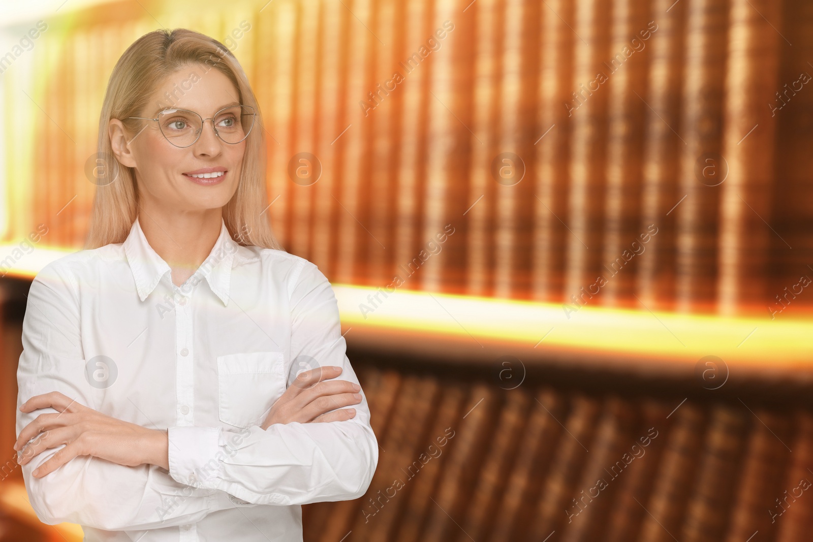 Image of Lawyer, consultant, business owner. Confident woman with eyeglasses smiling indoors, space for text