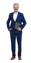 Photo of Mature businessman in stylish clothes with laptop on white background