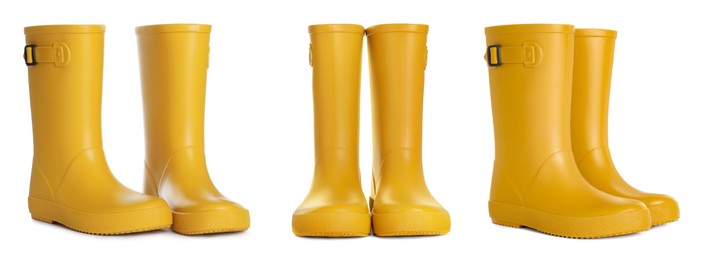 Image of Set with yellow rubber boots on white background. Banner design