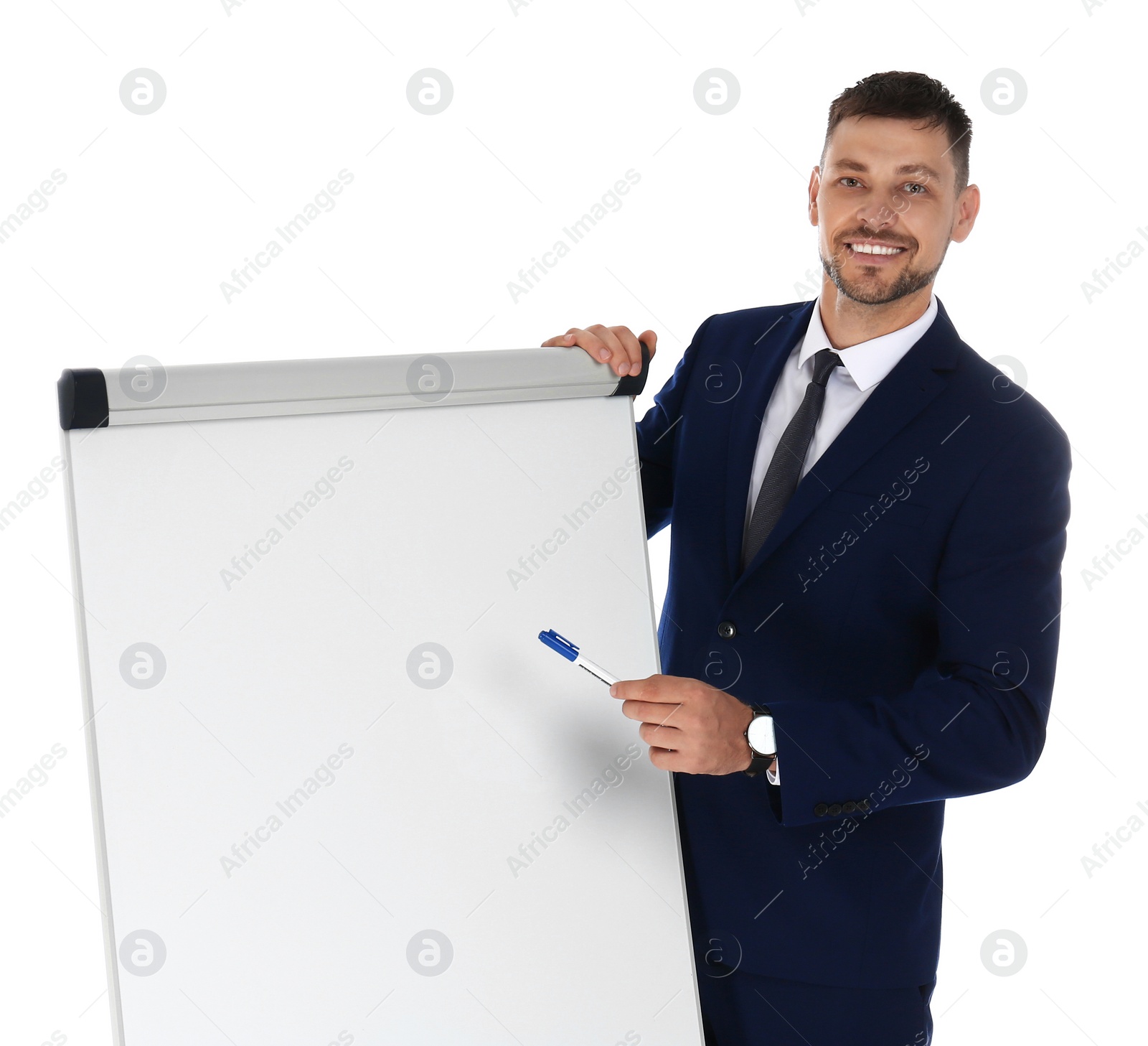 Photo of Professional business trainer near flip chart board on white background. Space for text