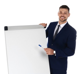 Professional business trainer near flip chart board on white background. Space for text