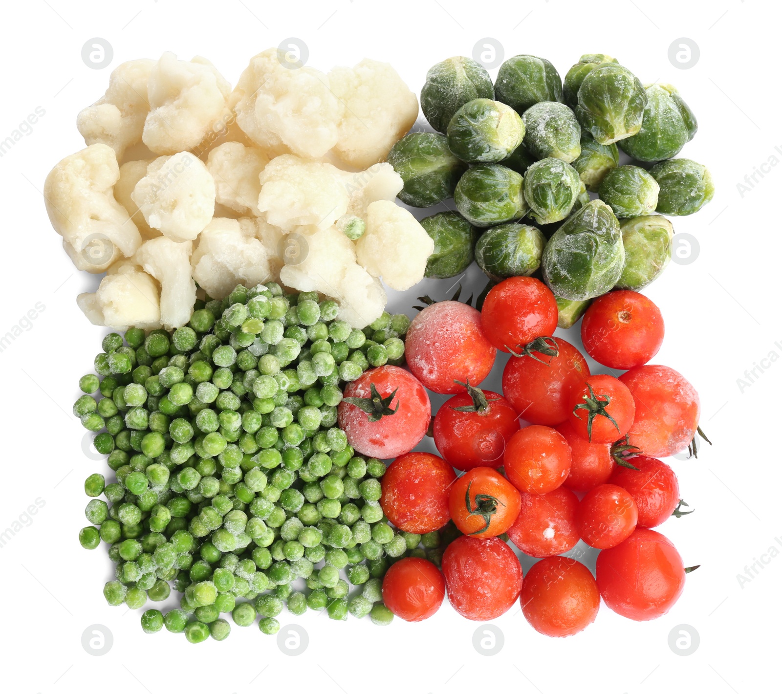 Photo of Different frozen vegetables isolated on white, top view