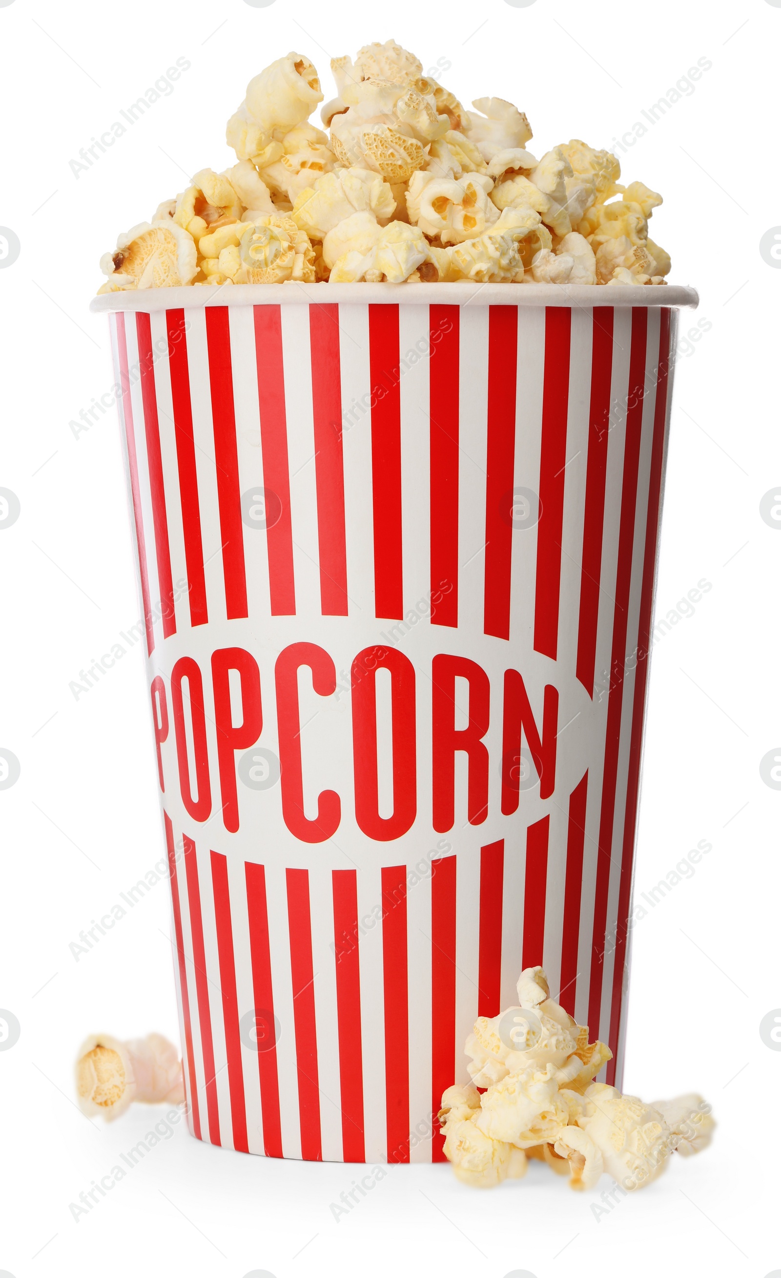 Photo of Tasty fresh pop corn in bucket isolated on white