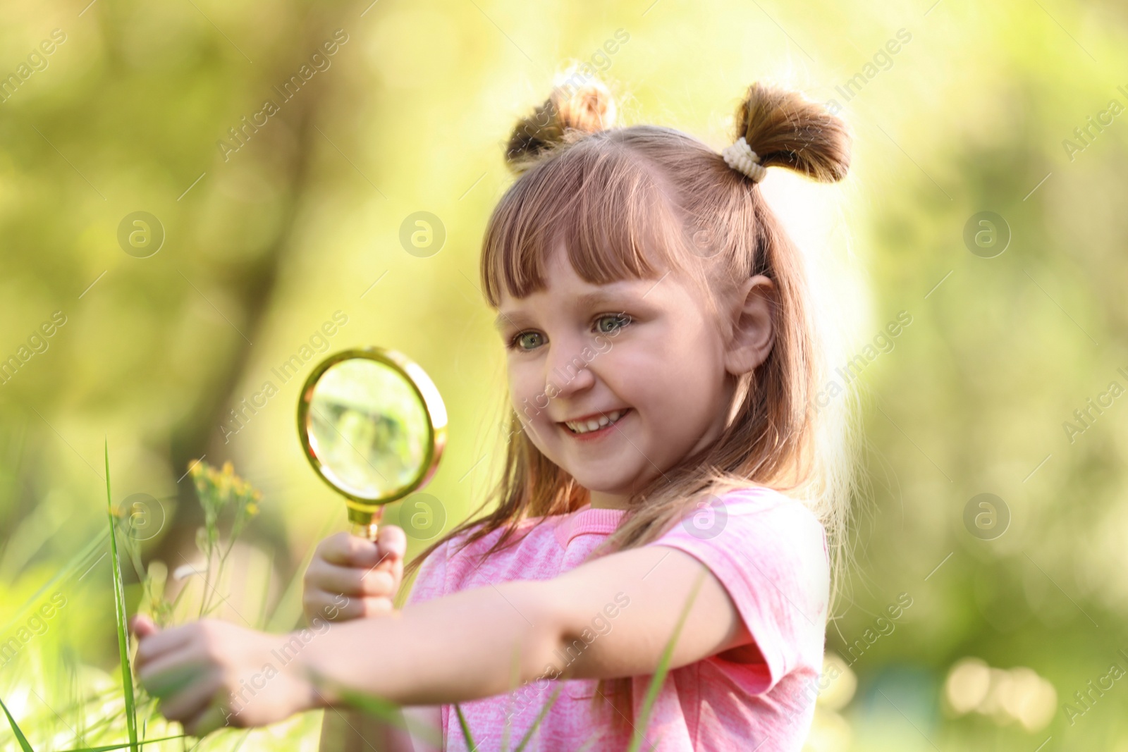 Photo of Little girl exploring plant outdoors. Summer camp