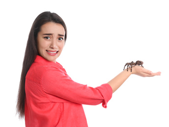 Photo of Scared young woman with tarantula on white background. Arachnophobia (fearspiders)
