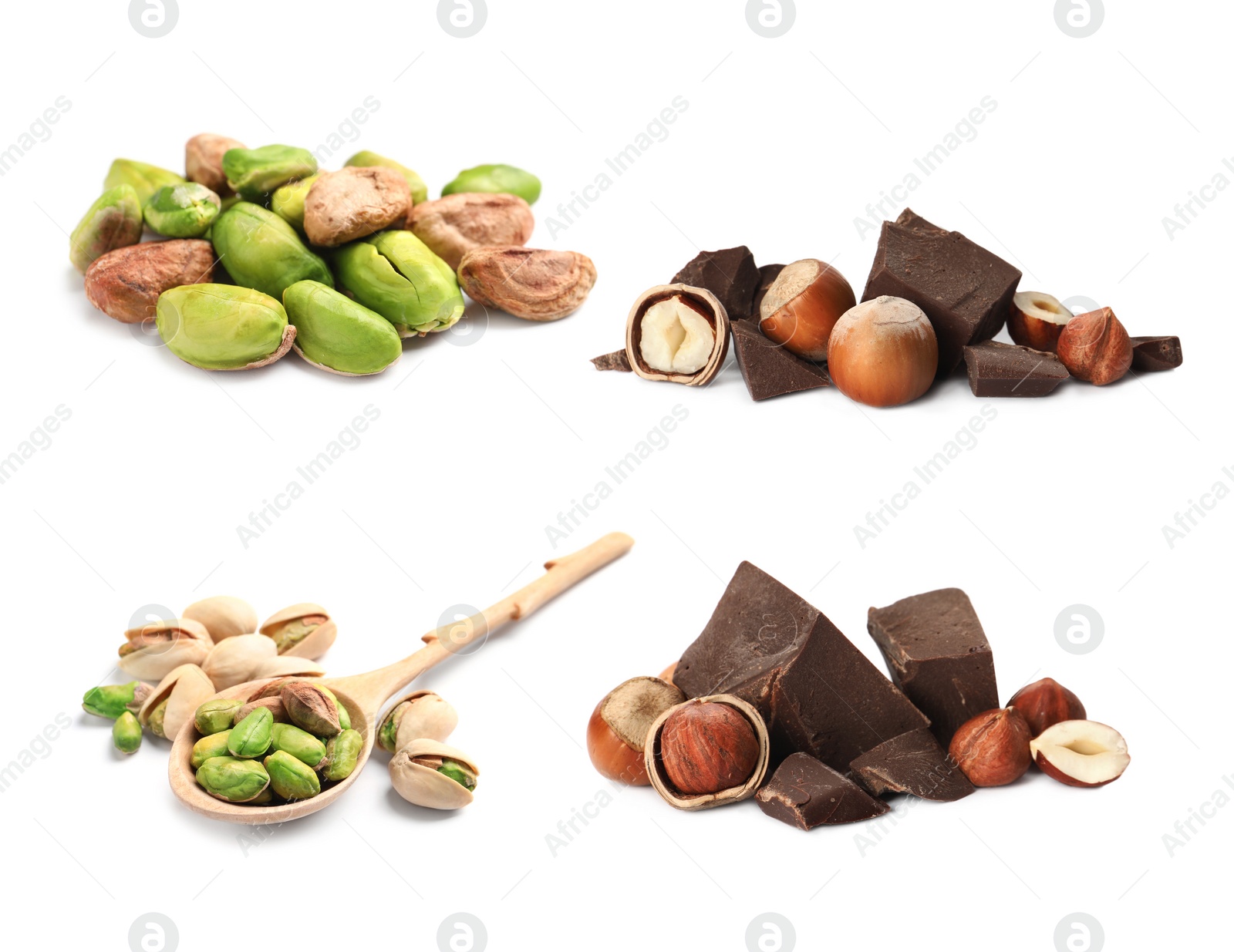 Image of Tasty pistachio nuts, hazelnuts and pieces of chocolate isolated on white, set